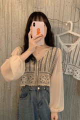 Spring new Korean style retro hollow crochet V-neck short top loose and versatile long-sleeved lace shirt for women