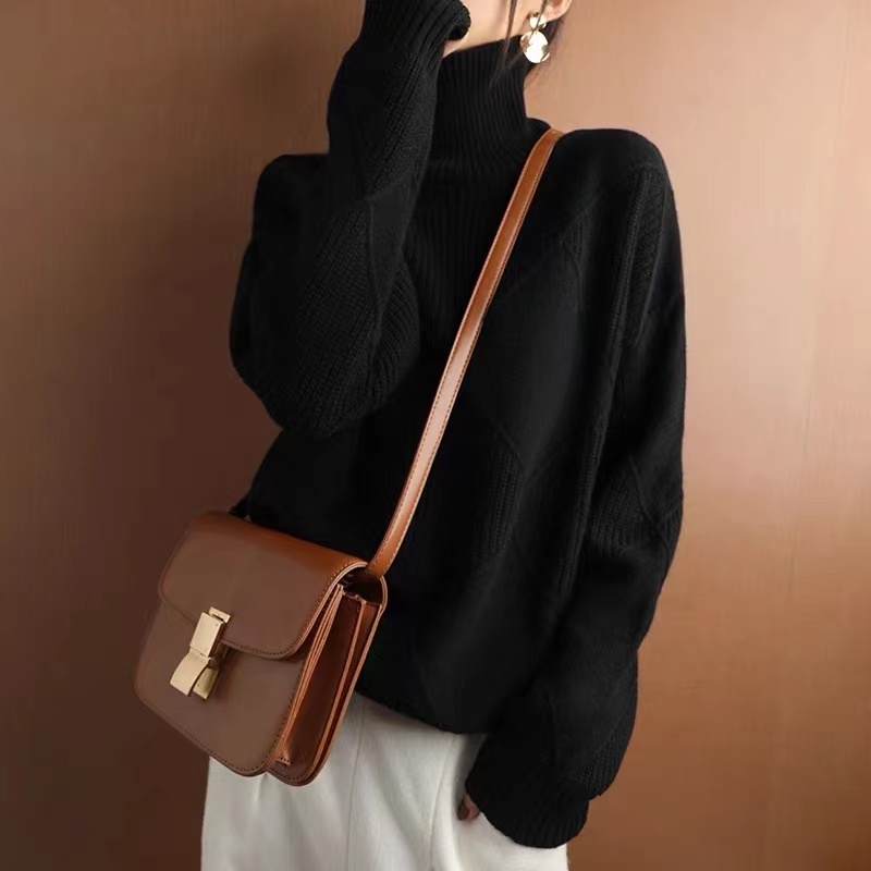 Autumn and winter sweater women's turtleneck pullover rhombus wool sweater versatile solid color loose lazy bottoming sweater thickened
