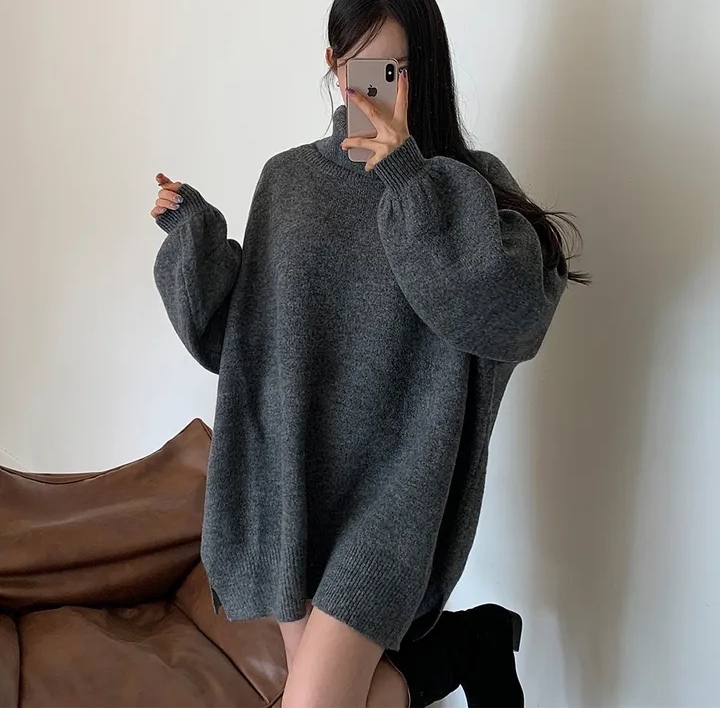 Loose and lazy turtleneck warm pullover sweater for women mid-length knitted top
