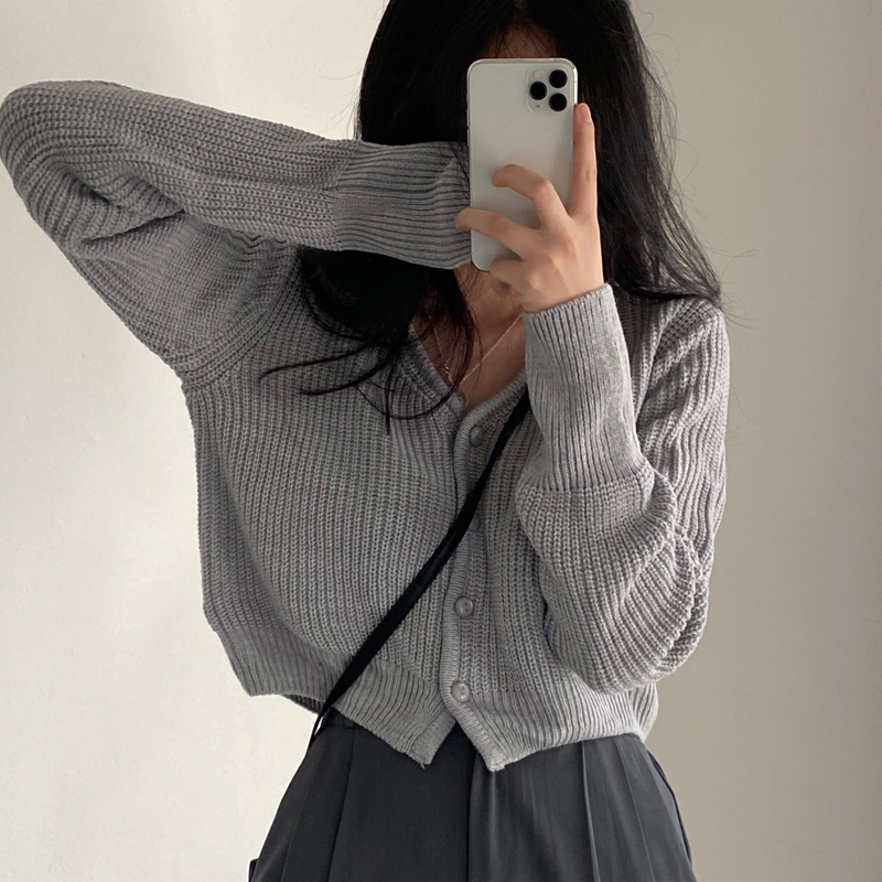 Korean chic solid color versatile sweater jacket short long sleeve knitted cardigan for women