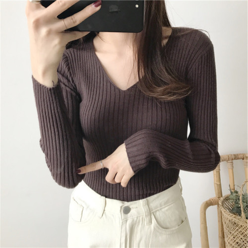 Autumn and winter V-neck knitted long-sleeved slim-fitting warm bottoming shirt top trendy retro pullover slim sweater for women