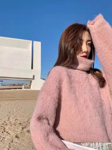 Gentle and lazy style turtleneck thickened sweater women's loose imitation mink knitted sweater inner top