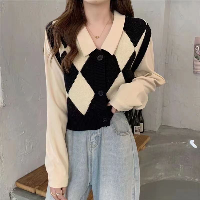 French retro splicing fake two-piece shirt women's spring short-breasted chic design niche top trendy ins