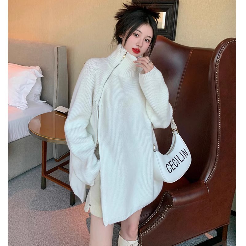 Lazy style asymmetrical zipper turtleneck sweater for women mid-length thickened loose design niche knitted sweater