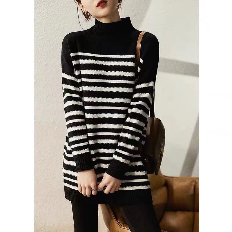 Autumn and winter dress high-end atmospheric striped knitted bottoming sweater dress women's French style with coat