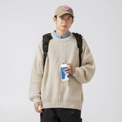 Heavy-weight thick-needle textured sweater for men in autumn and winter basic solid color loose round neck