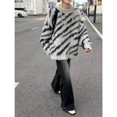 American retro niche high-end zebra print sweater men's round neck pullover mohair sweater jacket trendy brand