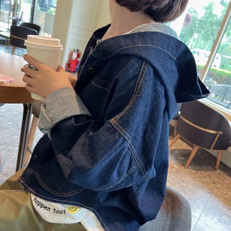 Korean Dongdaemun Women's Autumn Commuting Casual Loose Shoulder Lazy Style Hooded Dark Blue Denim Jacket