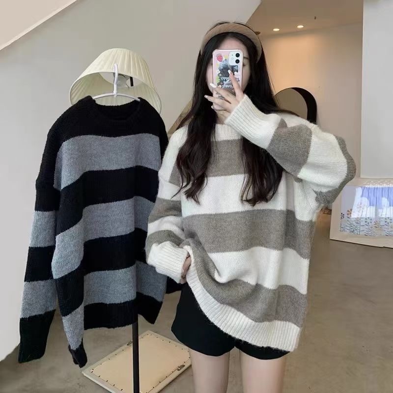 Contrast striped long-sleeved knitted pullover sweater for women in autumn and winter, versatile Japanese retro loose casual lazy style top