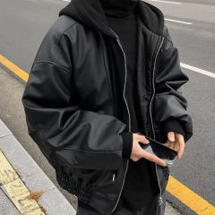 Men's hooded leather jacket PU leather jacket loose casual cotton thickened jacket