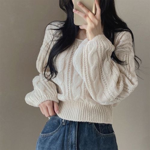 Twist sweater winter Korean chic lazy style lantern sleeve solid color square neck pullover long-sleeved sweater