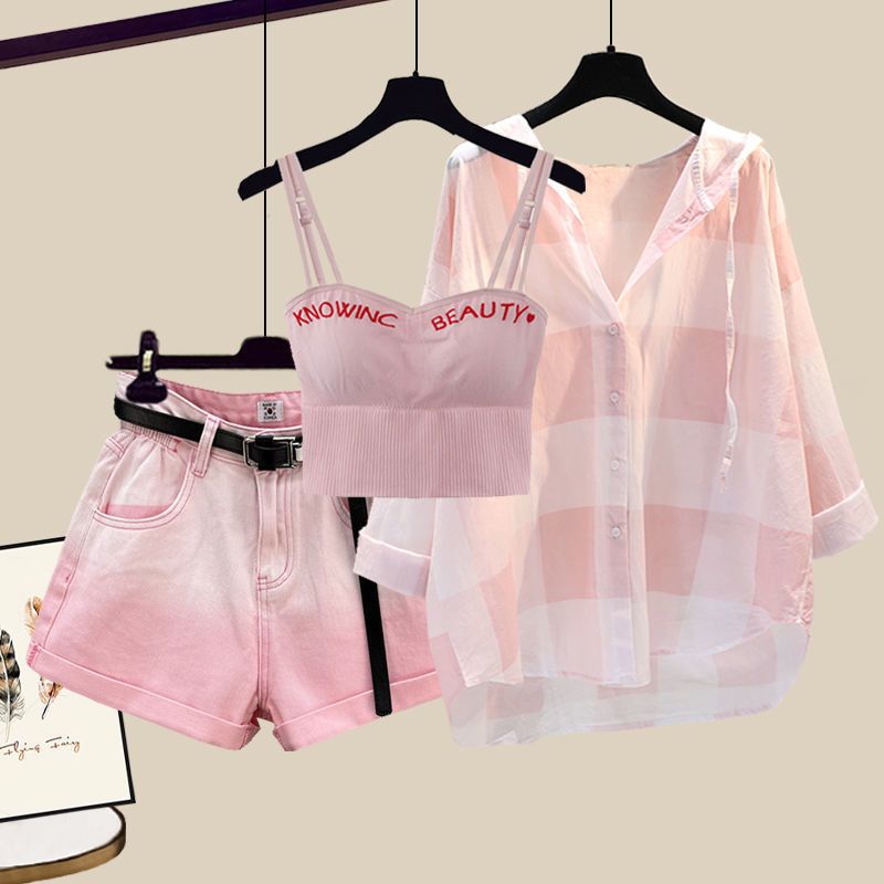 Plus size women's fat sister summer suit women's sun protection shirt slim vest denim shorts three-piece trendy set