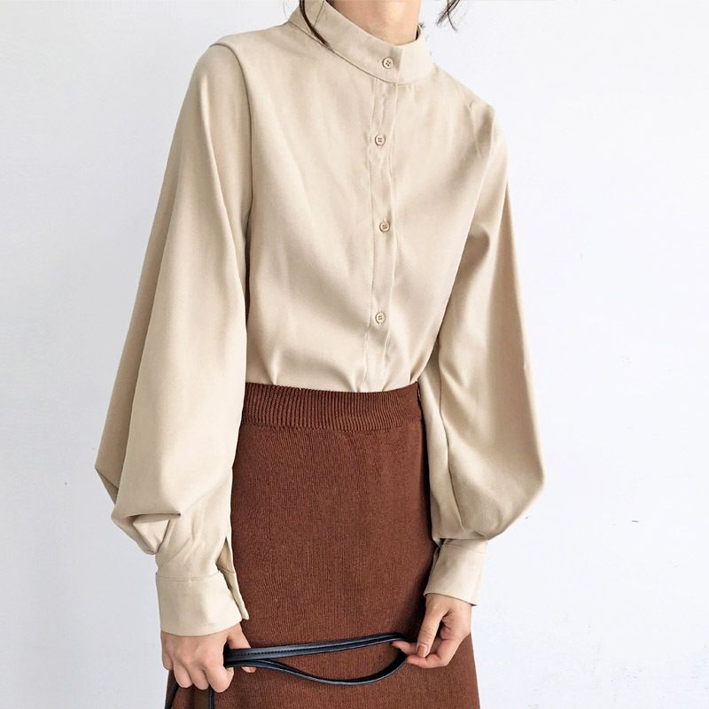 Early spring Lolita stand-up collar shirt with large lantern sleeves and discreet design stand-up collar solid color shirt