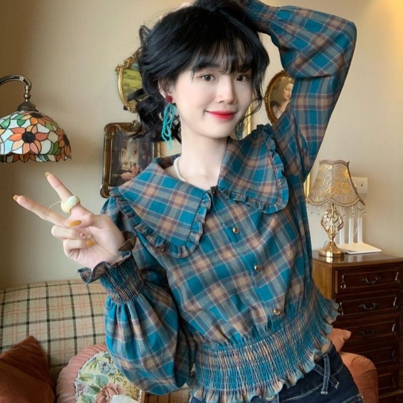 Baby doll collar plaid shirt for women spring new design niche loose slimming age-reducing long-sleeved top trendy