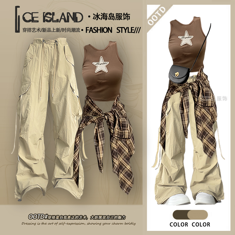 A complete set of summer wear for women, new fashion plaid shirt, vest and suspenders, three-piece set of slim overalls