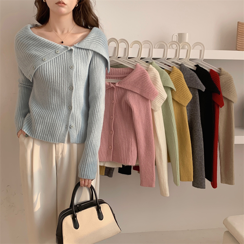 Pure lust-style lapel irregular knitted cardigan solid color off-shoulder sexy bottoming slim sweater