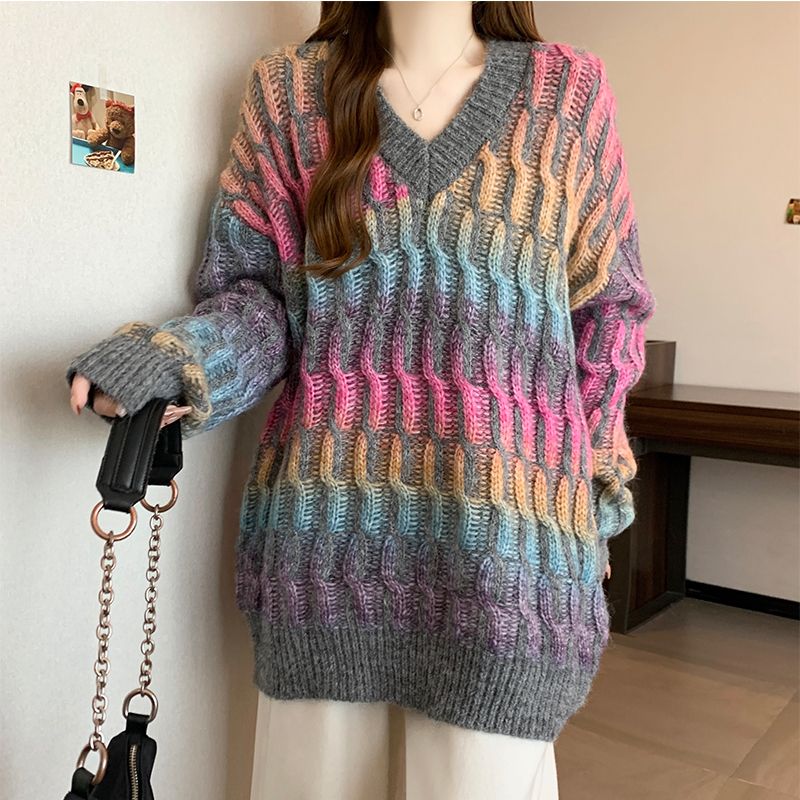 Rainbow gradient color V-neck sweater for women plus size fat mm mid-length sweater with western style top