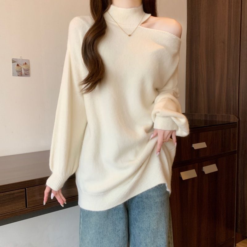 Plus size fat girl design off-shoulder turtleneck sweater bottoming shirt foreign loose outer wear knitted sweater top