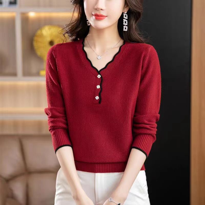 Middle-aged and elderly mothers slim fit V-neck sweater spring and autumn thin versatile long-sleeved fashionable casual top