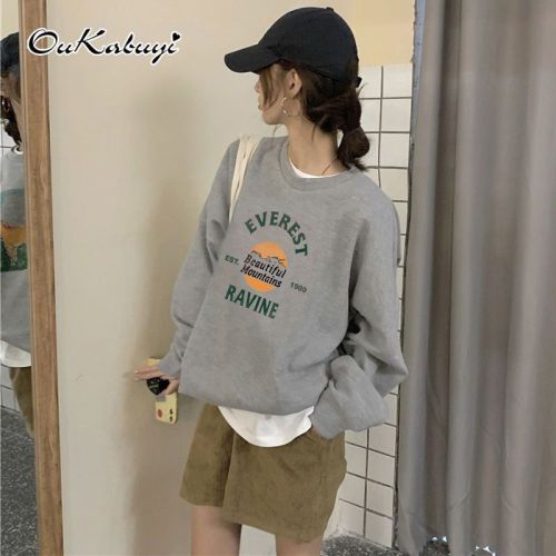 Autumn and winter velvet thin sweatshirt for women Korean style loose lazy style retro American style old letter print