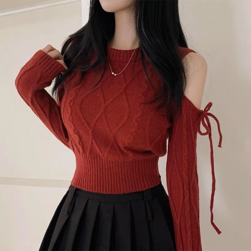 Korean chic autumn retro sexy small round neck hollow shoulder strap design long-sleeved twist knitted sweater for women