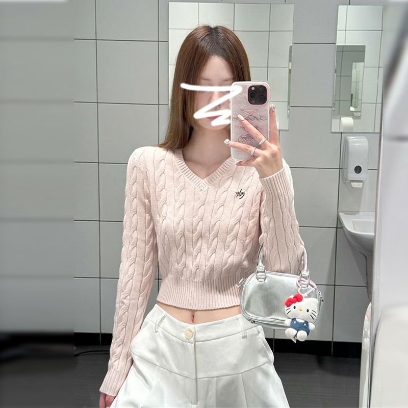 Pink V-neck short sweater sweater for women autumn and winter inner layering shirt sweet hottie waist top