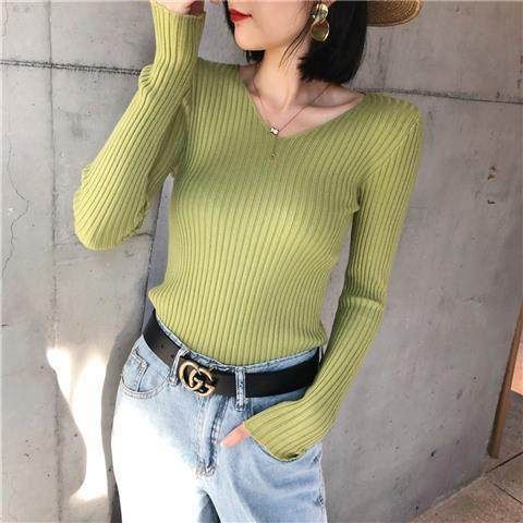 V-neck sweater long-sleeved slim fit bottoming pullover short versatile sweater for women