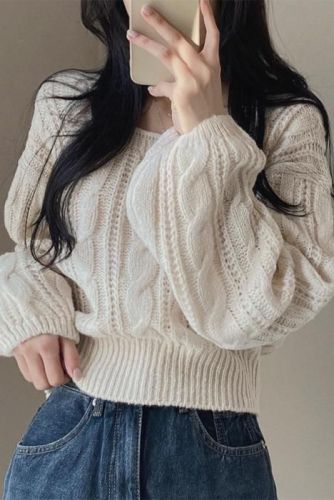 Twist sweater winter Korean chic lazy style lantern sleeve solid color square neck pullover long-sleeved sweater
