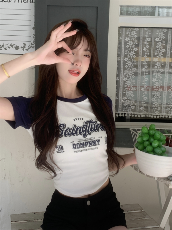 Summer new American retro contrasting color short-sleeved T-shirt for women