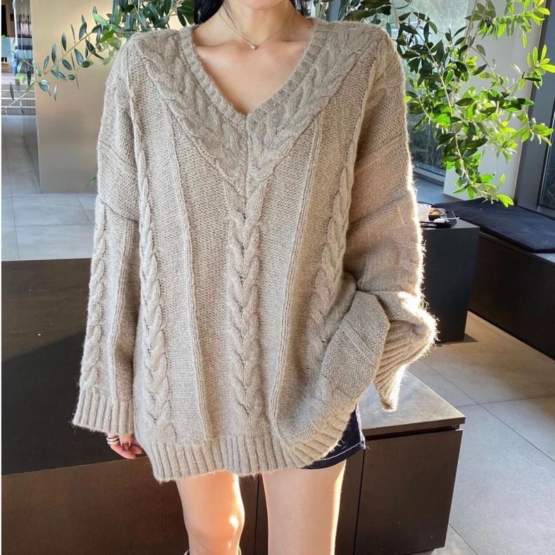 Autumn and winter French lazy style V-neck linen pattern loose casual versatile long-sleeved sweater for women