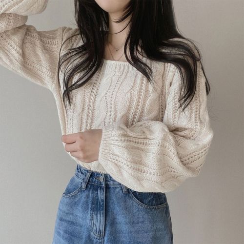 Twist sweater winter Korean chic lazy style lantern sleeve solid color square neck pullover long-sleeved sweater