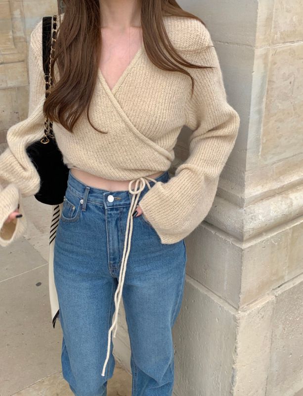 French V-neck lace-up long-sleeved sweater, feminine age-reducing sweater jacket