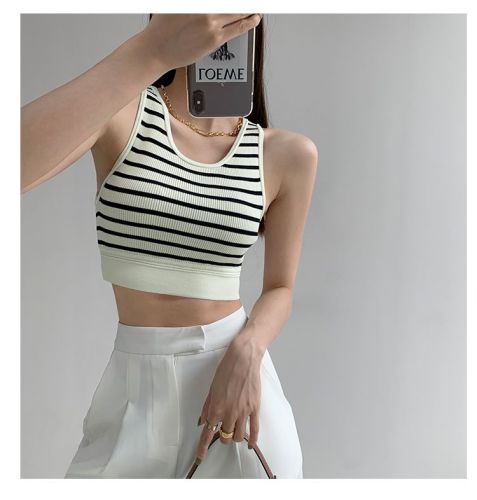 Lisa's same style striped knitted vest women's outer wear sleeveless waist exposed bottoming suspender short sports hot girl top trendy