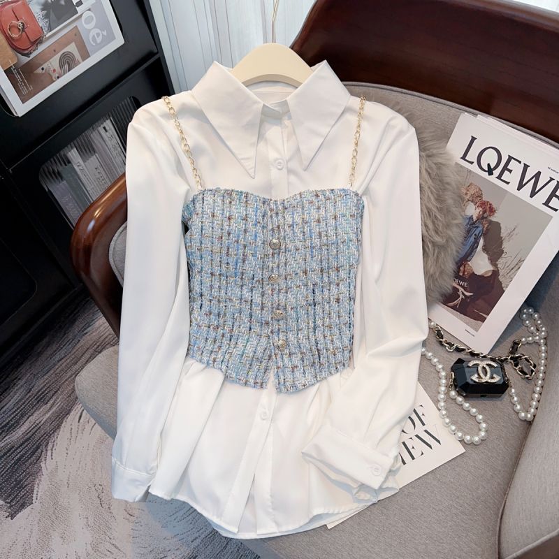Xiaoxiangfeng spring and summer new style inner and outer vest suspender white shirt two-piece set versatile niche