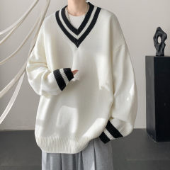 Colorblock V-neck sweater for men in autumn and winter, high-end loose and lazy sweater