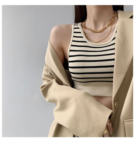 Lisa's same style striped knitted vest women's outer wear sleeveless waist exposed bottoming suspender short sports hot girl top trendy