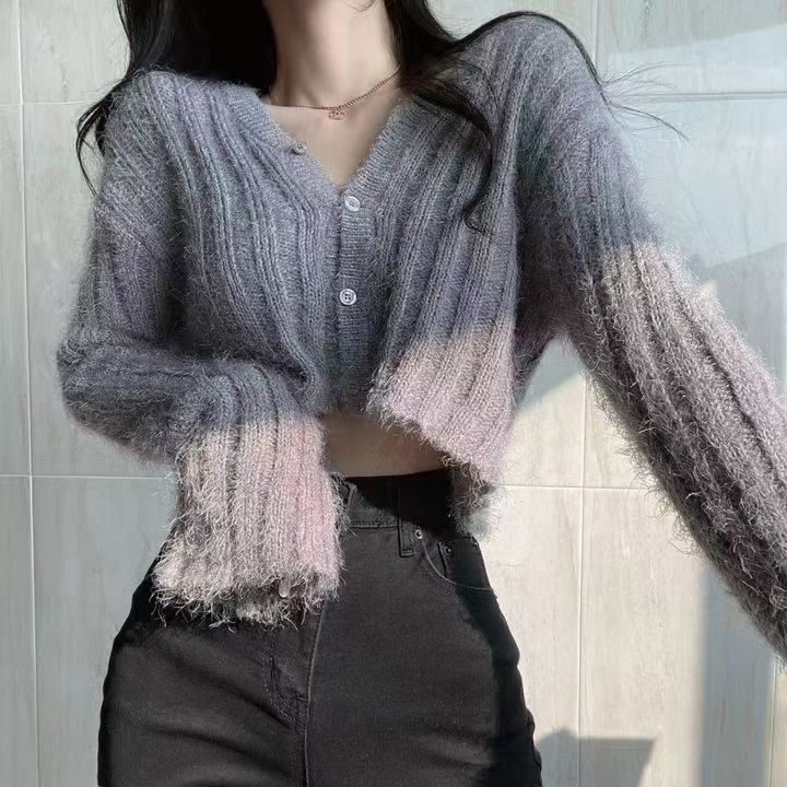 Mohair sweater women's autumn and winter lazy style thickened warm top versatile short knitted cardigan jacket