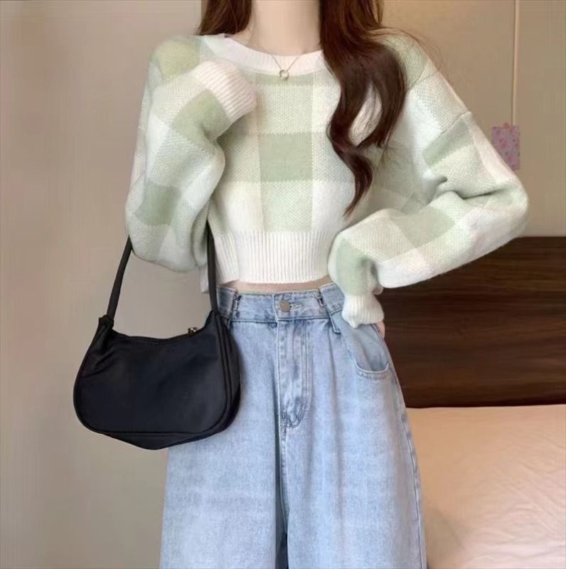 2024 new autumn and winter Korean style checkerboard plaid short sweater, loose, versatile, lazy, slimming, soft and waxy top for women