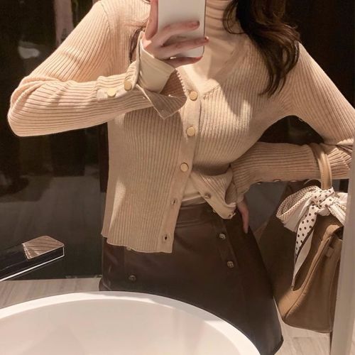 V-neck knitted bottoming shirt for women in autumn and winter with niche temperament, slim fit and slim waist with sweater