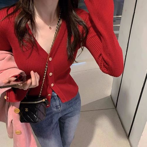 V-neck knitted bottoming shirt for women in autumn and winter with niche temperament, slim fit and slim waist with sweater