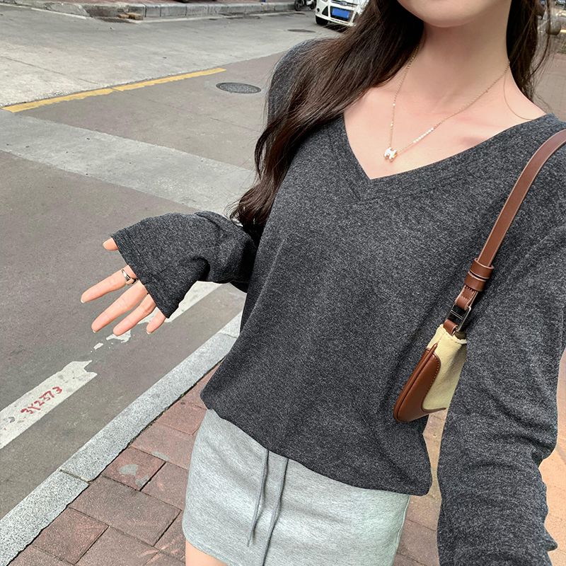 V-neck long-sleeved loose inner layered shirt women's casual high-end top