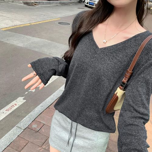 V-neck long-sleeved loose inner layered shirt women's casual high-end top