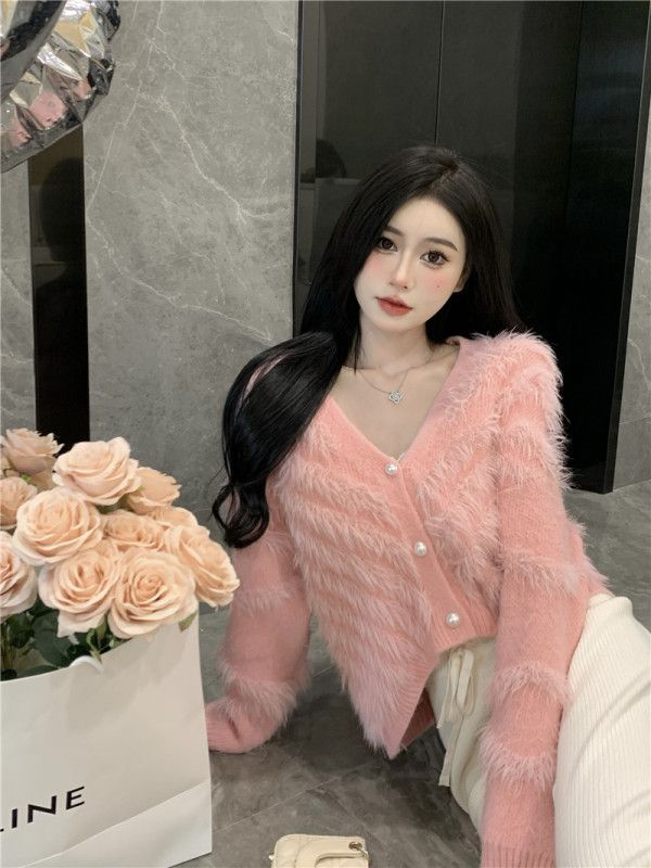 Soft and waxy autumn and winter gentle and super fairy tassel knitted jacket for women thickened V-neck lady sweater top