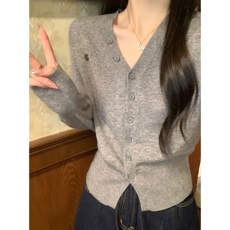Autumn and winter Korean version v-neck irregular button design knitted sweater Andy velvet long-sleeved sweater jacket