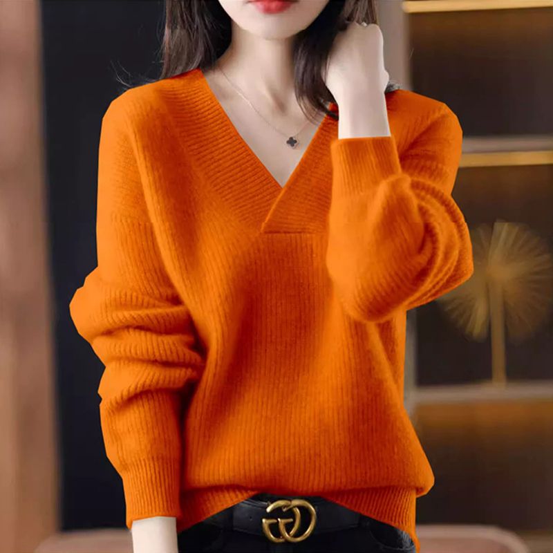 Solid color V-neck sweater for women, loose slimming knitted bottoming pullover, thickened sweater for women