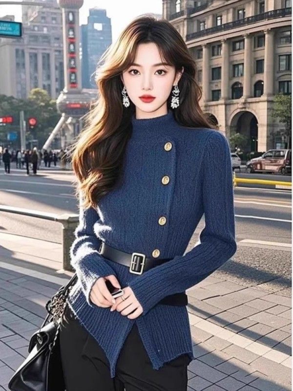 Blue turtleneck waisted sweater jacket for women with winter design, niche and chic outer wear, slim fit knitted top