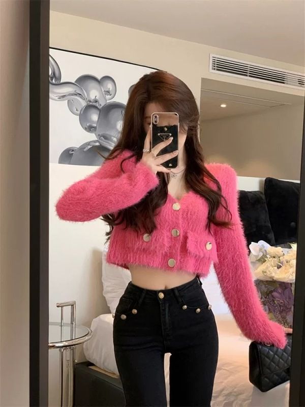 V-neck sweater knitted cardigan women's spring and autumn temperament high-end small long-sleeved short top
