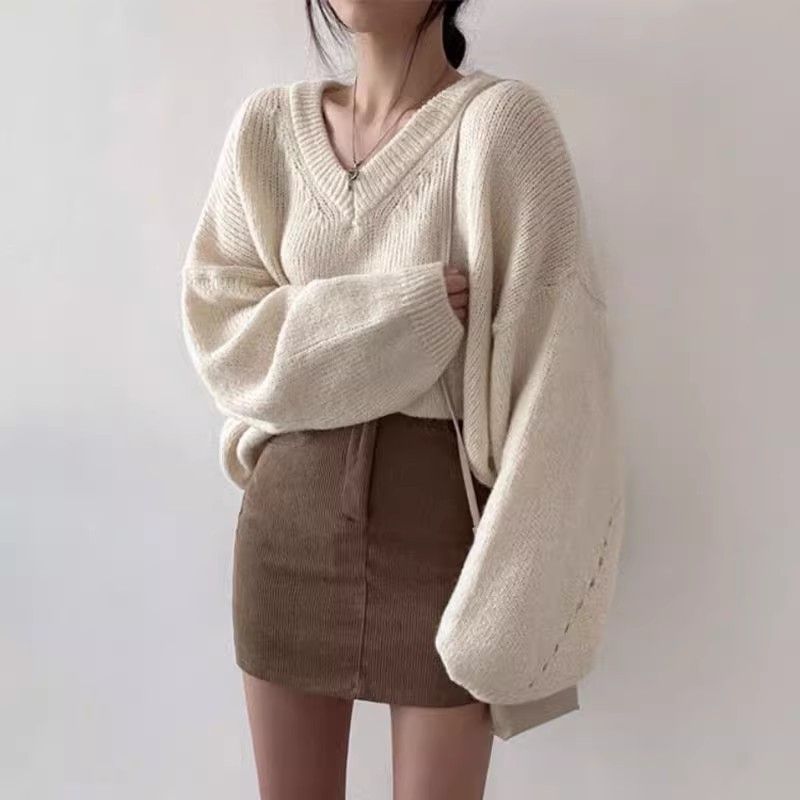 Sweater women's new style pink women's loose pullover lazy mid-length style small autumn and winter v-neck inner wear