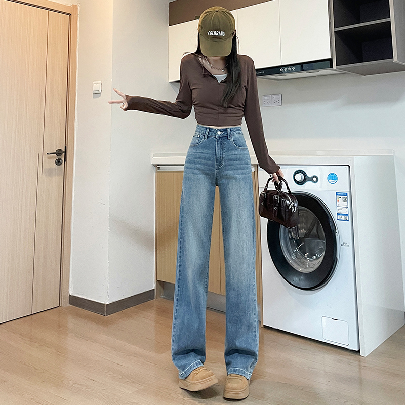 New autumn and winter high-waisted straight jeans for women, versatile, loose, slim, narrow wide-leg floor-length trousers
