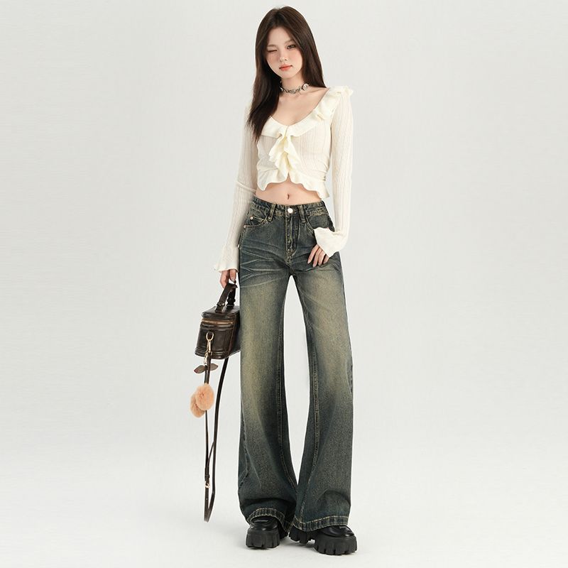 American retro distressed washed low-waist wrinkled slightly loose bootcut jeans for women
